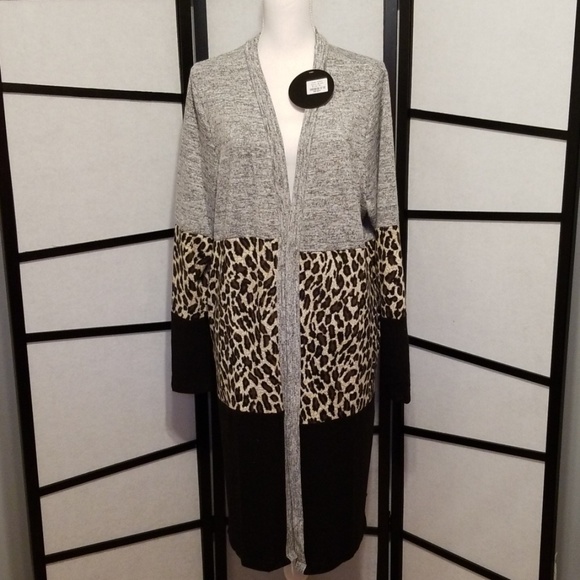Leopard Colorblock Long Length Cardigan Plus Size - Picture 3 of 6
